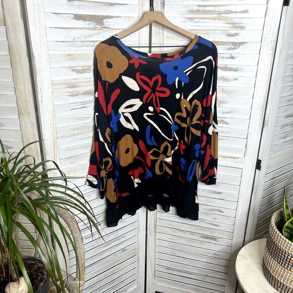 LOGO by LORI GOLDSTEIN Women's Printed Oversized Drop Shoulder Top Black Floral - Picture 3 of 11